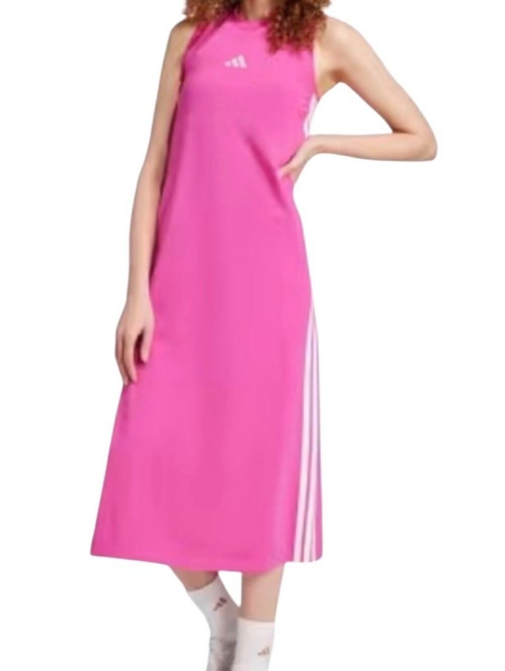 Adidas Hot Pink 3-Stripes Midi Dress With Side Split